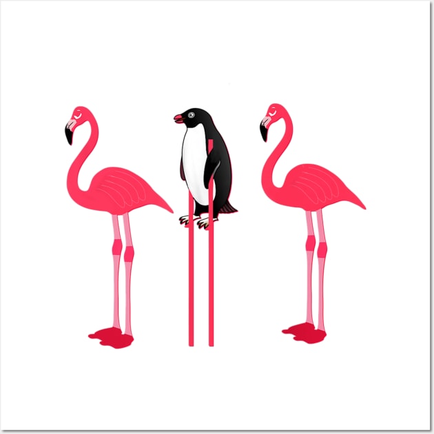 Funny Pink Flamingo Lover Penguin Disguise Wall Art by Ortizhw